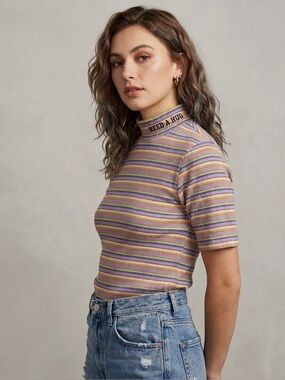 Teddy Fresh Need A Hug Ribbed Striped Mock Neck Crop Top Lurex Lavender Large